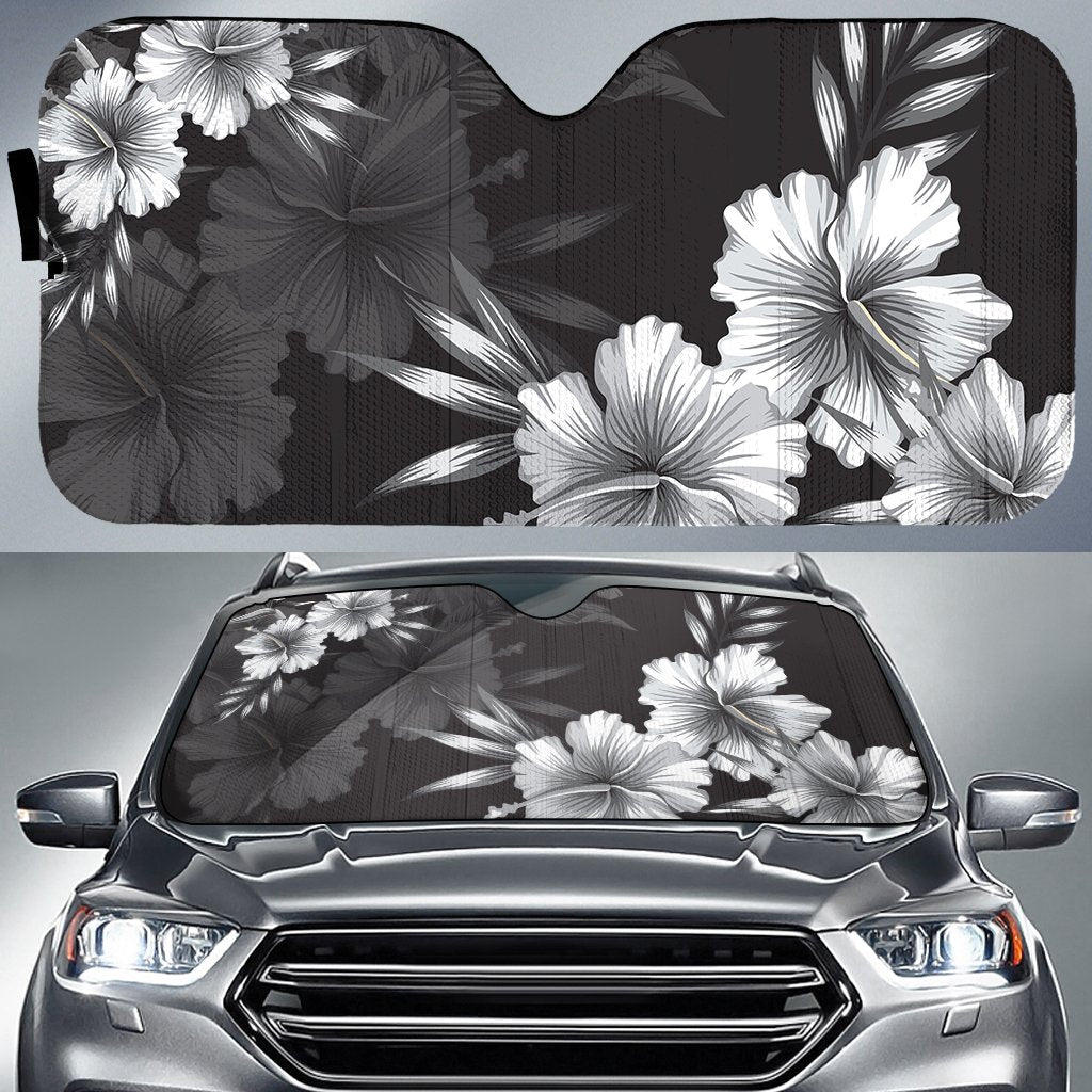 Hibiscus And Plumeria B&W Car Sun Shade AH Auto Sun Shade Universal Fit White - Polynesian Pride