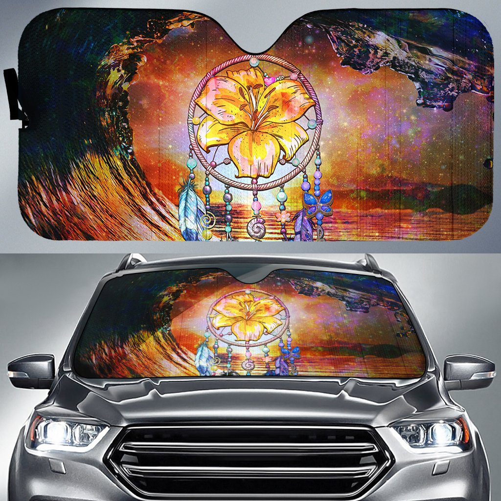 Hibiscus Dreamcatcher Wales Night Car Sun Shade AH Auto Sun Shade Universal Fit White - Polynesian Pride