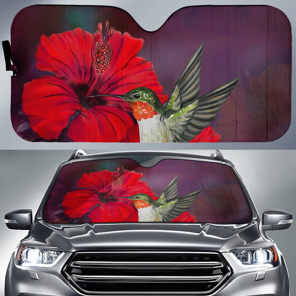 Hibiscus Hummingbird Car Sun Shade AH Auto Sun Shade Universal Fit White - Polynesian Pride