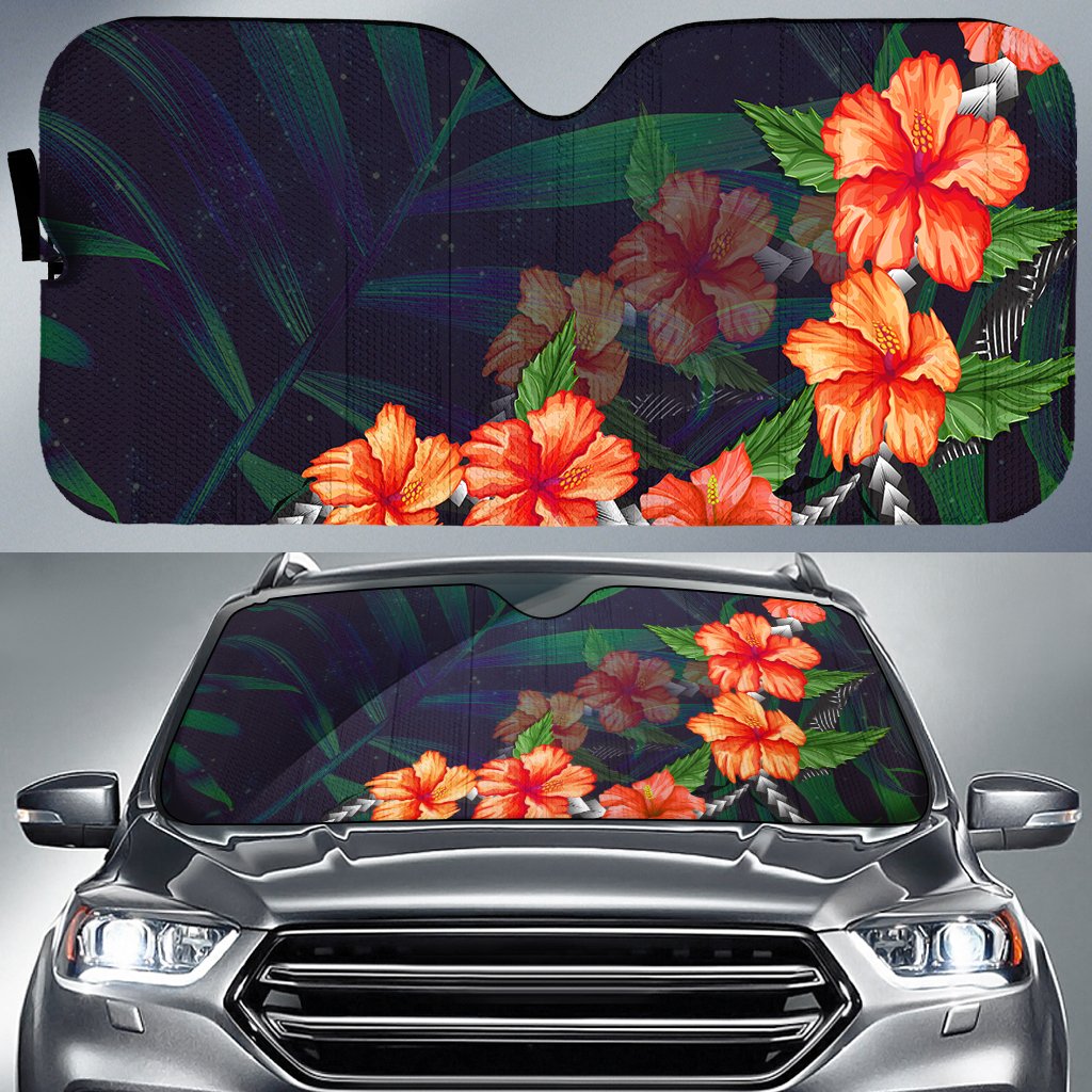 Hibiscus Palm Background Car Sun Shade AH Auto Sun Shade Universal Fit White - Polynesian Pride