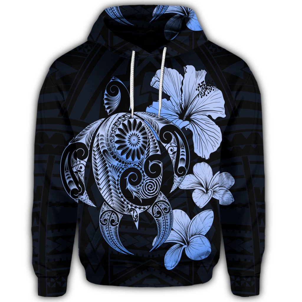 Hibiscus Plumeria Mix Polynesian Turtle Hoodie Blue - Polynesian Pride