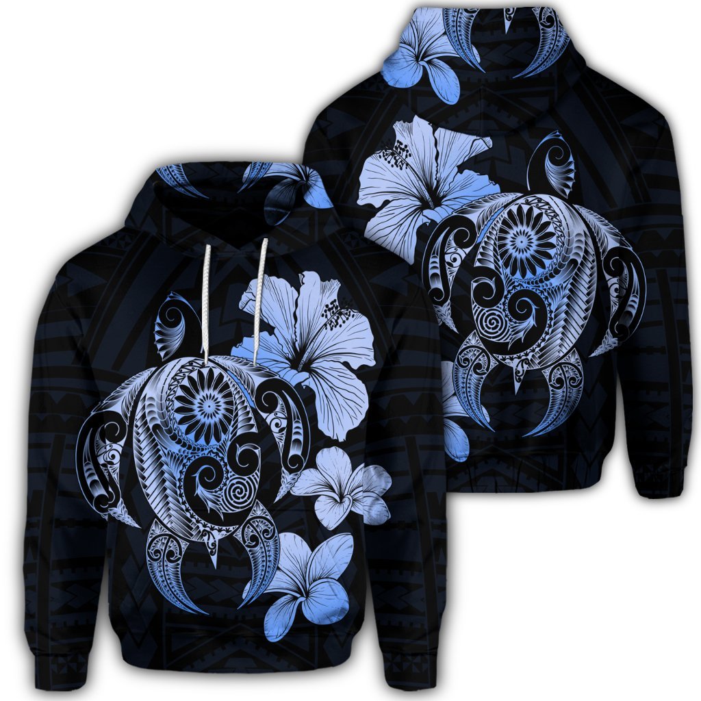 Hibiscus Plumeria Mix Polynesian Turtle Hoodie Blue Unisex Art - Polynesian Pride