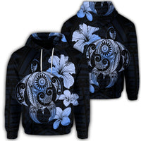 Hibiscus Plumeria Mix Polynesian Turtle Hoodie Blue Unisex Art - Polynesian Pride