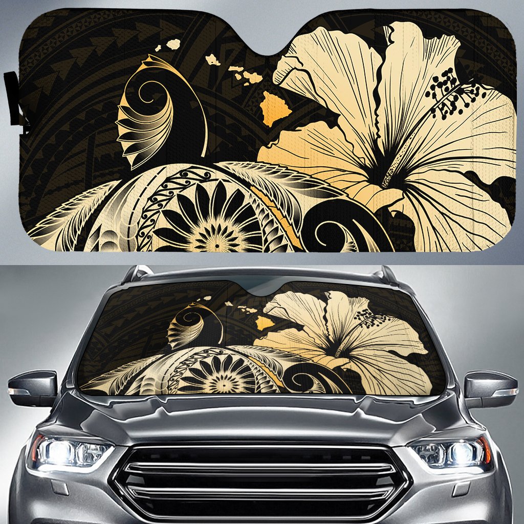 Hibiscus Plumeria Mix Polynesian Turtle Car Sun Shade Gold AH Auto Sun Shade Universal Fit White - Polynesian Pride
