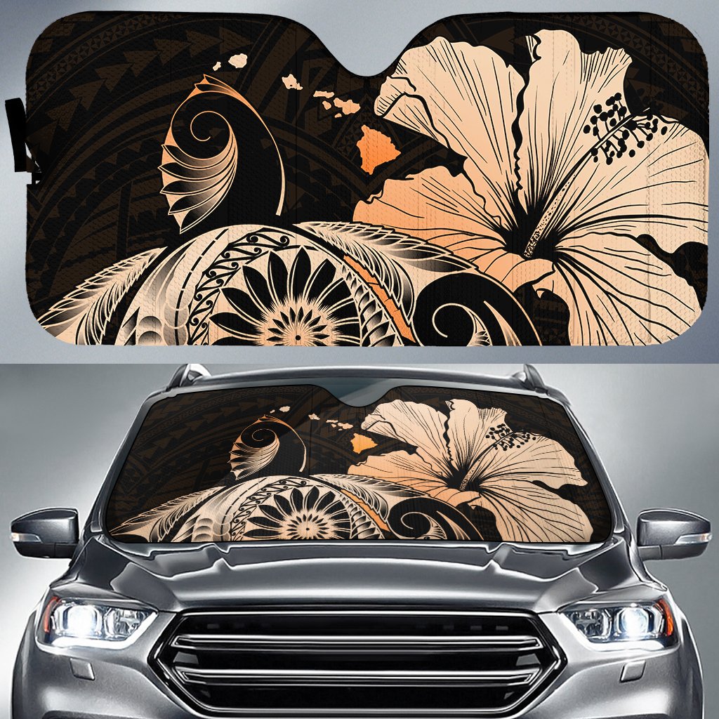 Hibiscus Plumeria Mix Polynesian Turtle Car Sun Shade Orange AH Auto Sun Shade Universal Fit White - Polynesian Pride