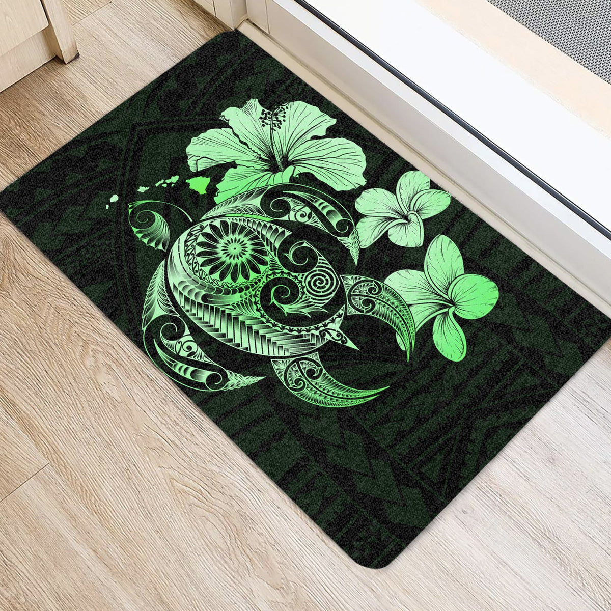 Hibiscus Plumeria Mix Polynesian Turtle Door Mat Green AH - Polynesian Pride