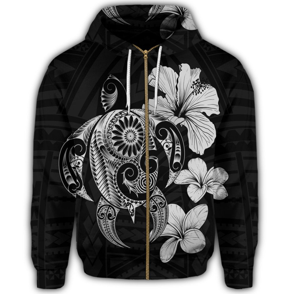 Hibiscus Plumeria Mix Polynesian Turtle Zip Hoodie Gray - Polynesian Pride