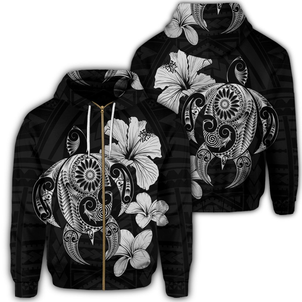 Hibiscus Plumeria Mix Polynesian Turtle Zip Hoodie Gray Unisex Art - Polynesian Pride