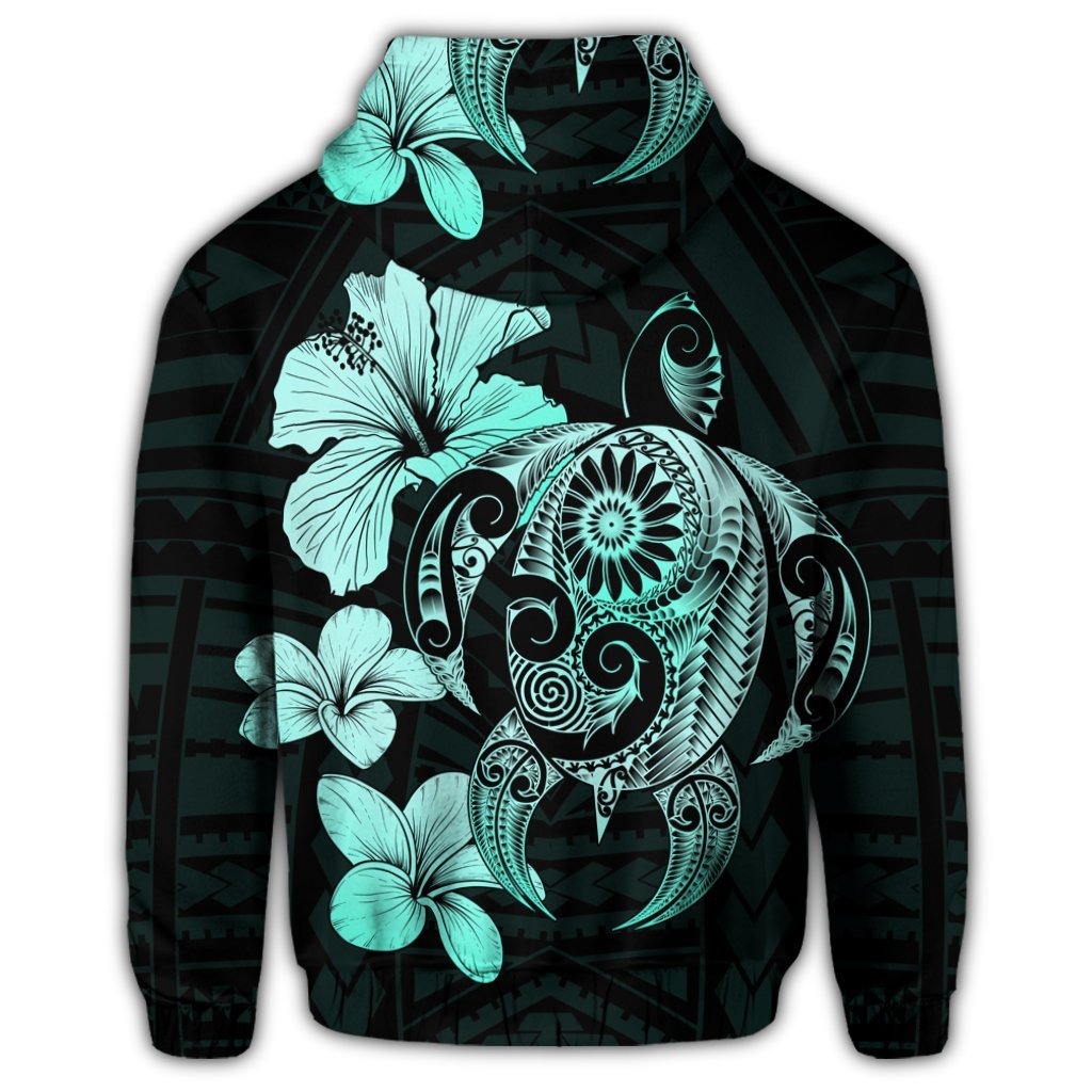 Hibiscus Plumeria Mix Polynesian Turtle Zip Hoodie Turquoise - Polynesian Pride