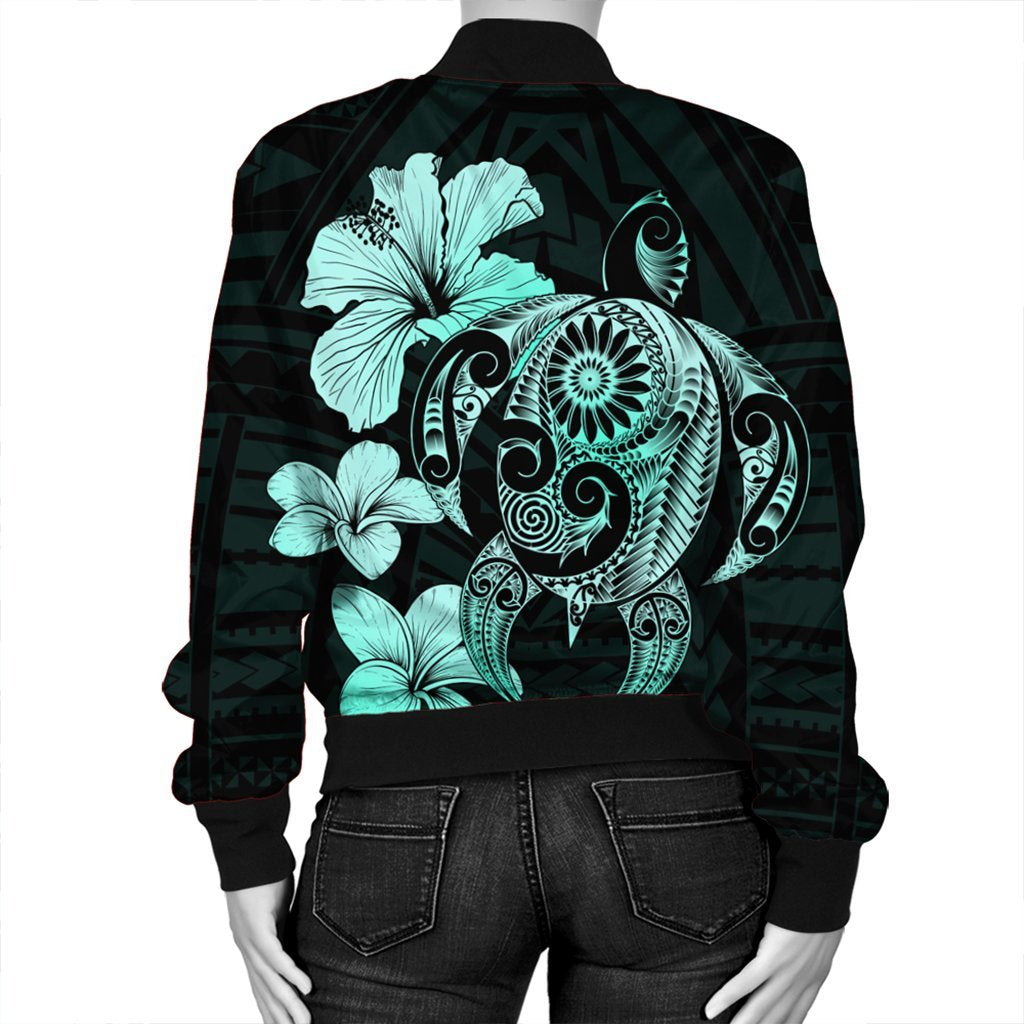 Hibiscus Plumeria Mix Polynesian Turtle Bomber Jacket Turquoise - AH - Polynesian Pride