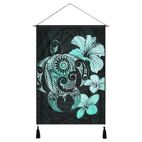 Hibiscus Plumeria Mix Polynesian Turtle Hanging Poster Turquoise - AH Hanging Poster Cotton And Linen - Polynesian Pride