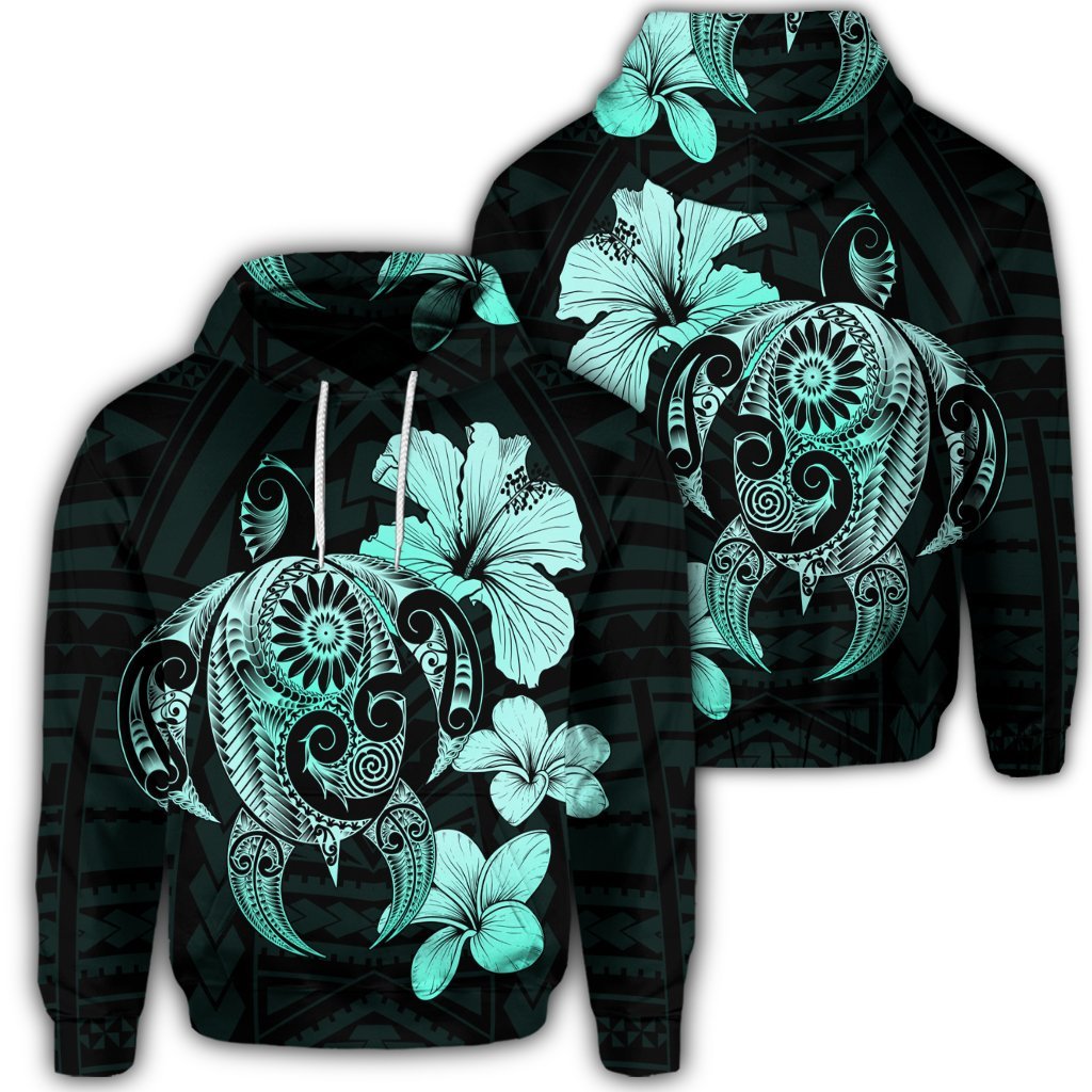 Hibiscus Plumeria Mix Polynesian Turtle Hoodie Turquoise Unisex Art - Polynesian Pride