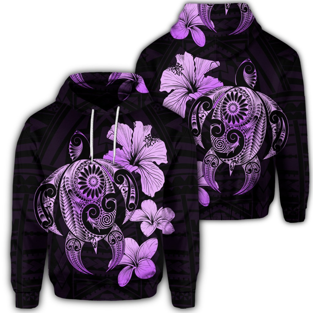 Hibiscus Plumeria Mix Polynesian Turtle Hoodie Violet Unisex Art - Polynesian Pride
