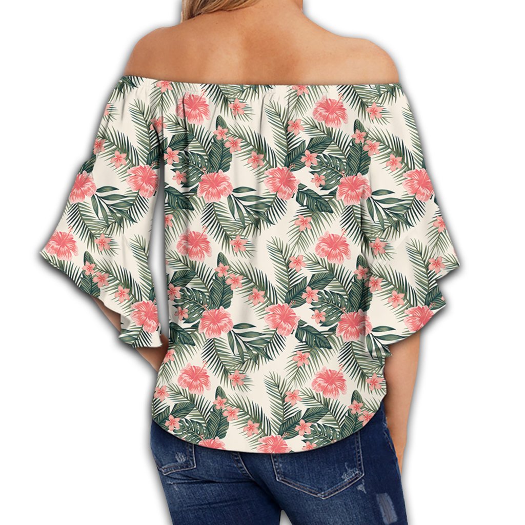 Hibiscus Plumeria Tropical Red Women's Off Shoulder Wrap Waist Top - AH - Polynesian Pride
