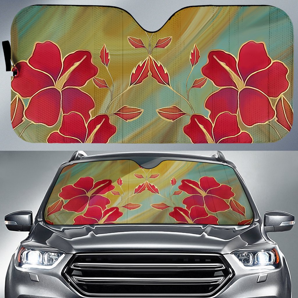 Hibiscus Water Color Car Sun Shade AH Auto Sun Shade Universal Fit White - Polynesian Pride