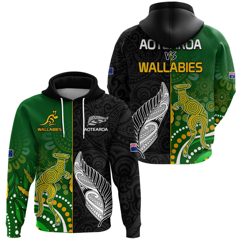 Aotearoa Rugby All Black Combine Australia Wallabies Hoodie Aboriginal Kangaroo and Maori Fern LT9 - Polynesian Pride