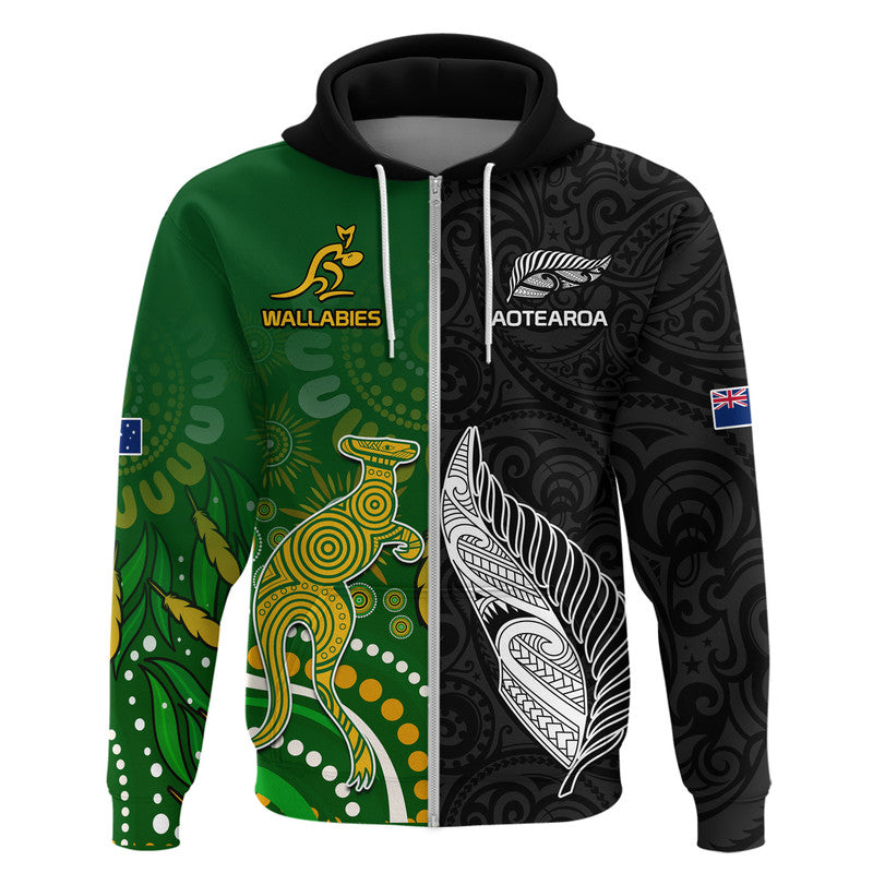 Aotearoa Rugby All Black Combine Australia Wallabies Hoodie Aboriginal Kangaroo and Maori Fern LT9 Zip Hoodie Black - Polynesian Pride