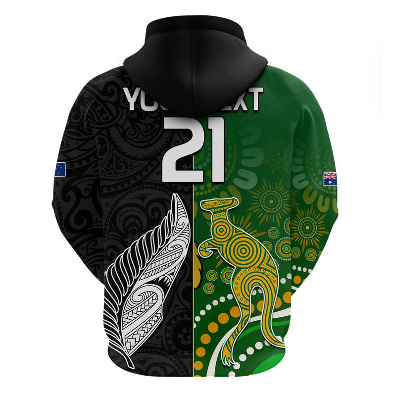 Custom Aotearoa Rugby All Black Combine Australia Wallabies Hoodie Aboriginal Kangaroo and Maori Fern LT9 - Polynesian Pride