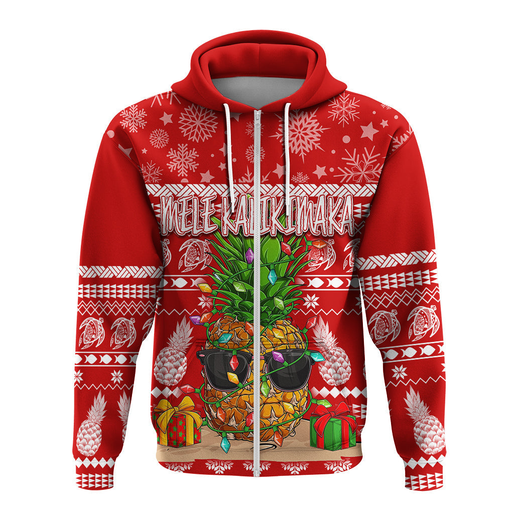 Hawaii Christmas Hoodie Mele Kalikimaka Pineapple LT7 Zip Hoodie Red - Polynesian Pride