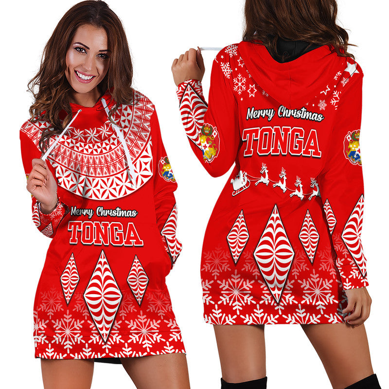 Tonga Kupesi Ngatu Merry Christmas Hoodie Dress - LT9 Red - Polynesian Pride