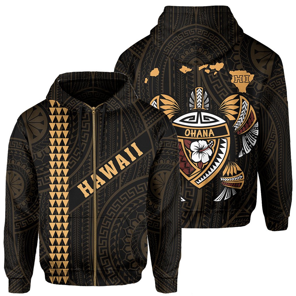 Polynesian Kakau Turtle OHANA Map of Hawaii Zip Hoodie Unisex Gold - Polynesian Pride