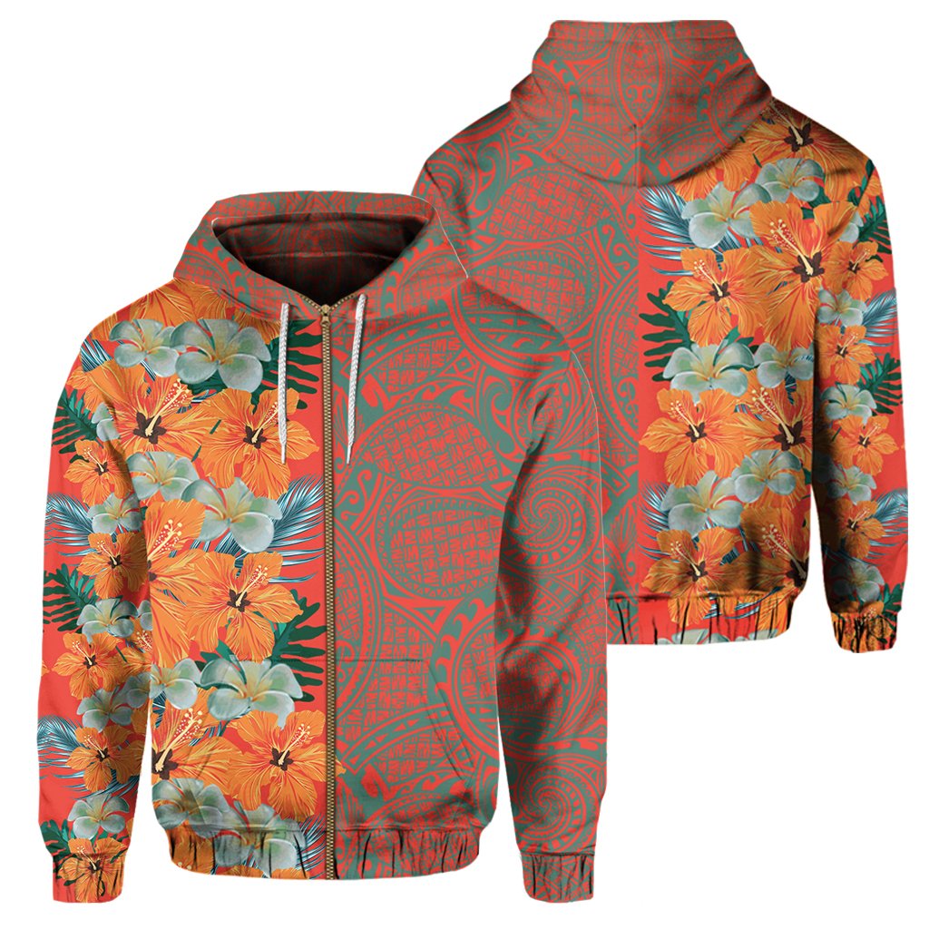 Tropical Polynesian Hawaiian Hoodie Zip Haka Style Unisex Orange - Polynesian Pride