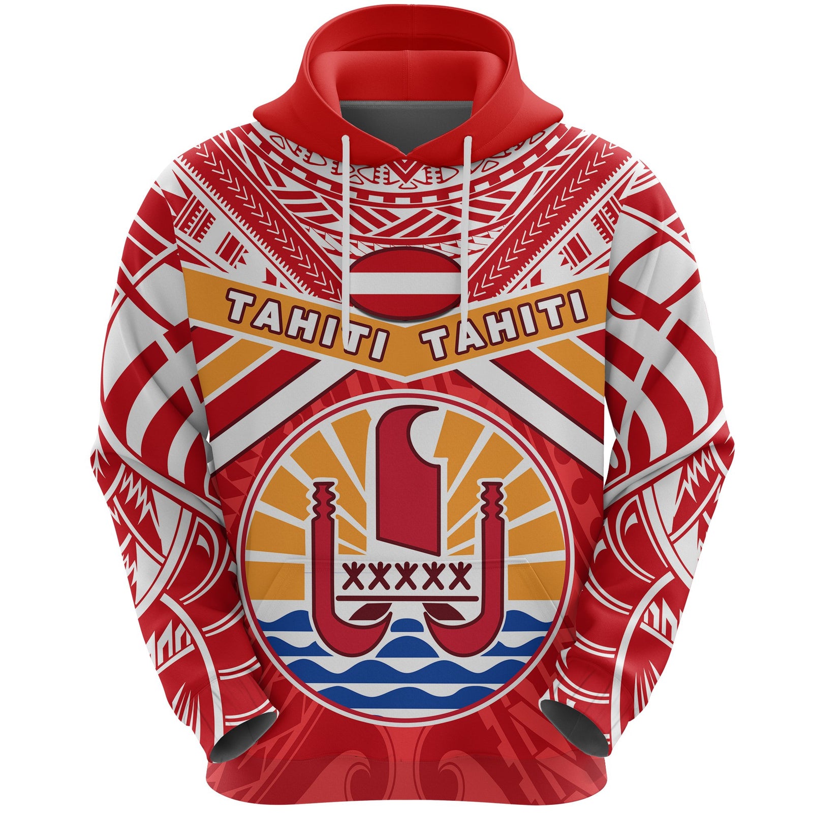 Tahiti Rugby Hoodie Polynesian Coat of Arms and Flag Unisex Red - Polynesian Pride