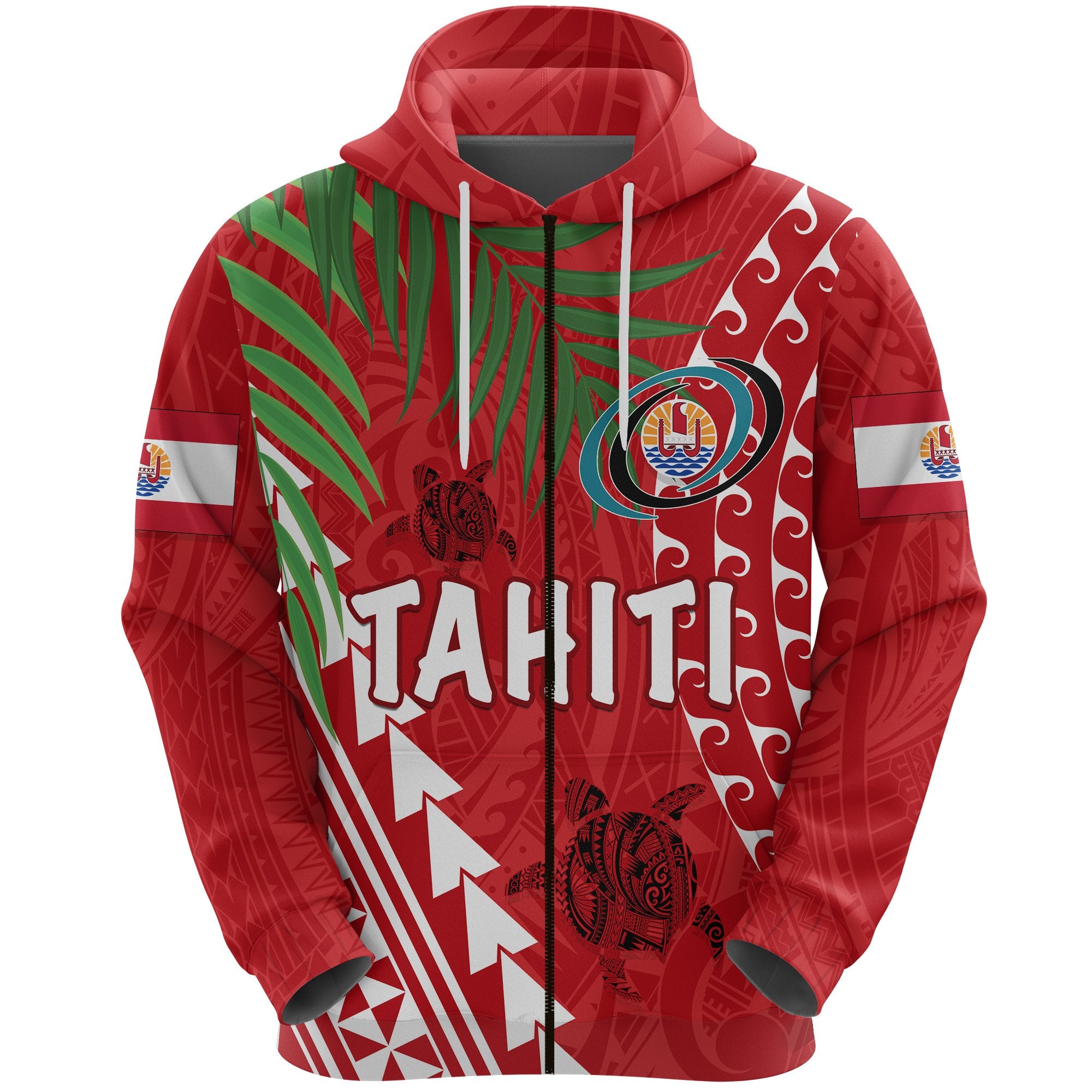 Tahiti Rugby Zip Hoodie Coconut Leaves Unisex Red - Polynesian Pride