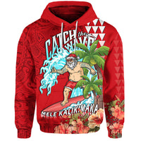 Hawaii Mele Kalikimaka Hoodie Santa Claus Surfing Xmas Time LT9 Pullover Hoodie Red - Polynesian Pride