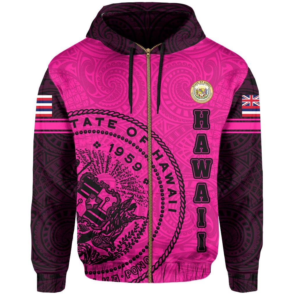 Polynesian Flag Seal of Hawaii Zip Hoodie Pink - Polynesian Pride