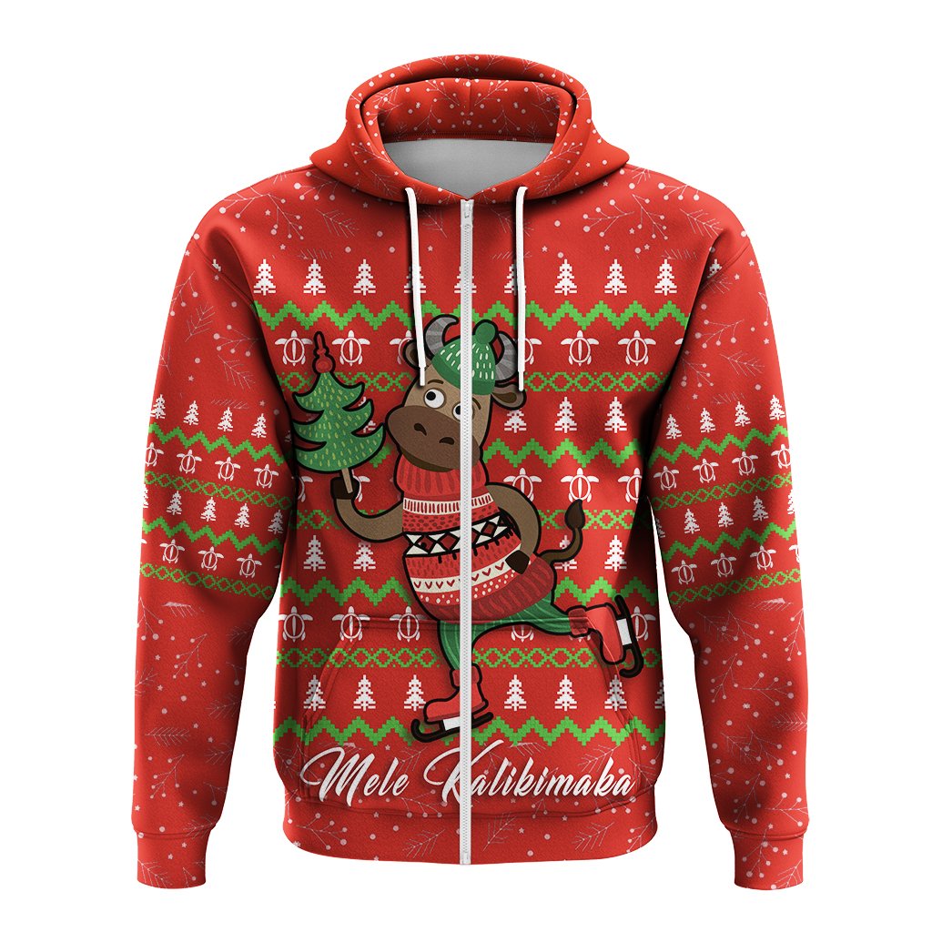 Hawaiian Turtle Christmas Hoodie Zip Red Felix Style - Polynesian Pride