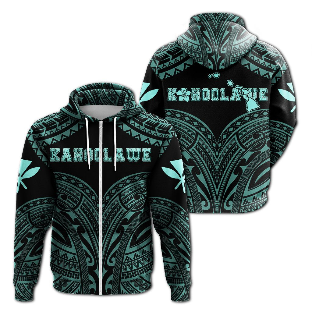 Hawaiian Kanaka Map Polynesian Kahoolawe Hoodie Zip Turquoise Brad Style Unisex Turquoise - Polynesian Pride