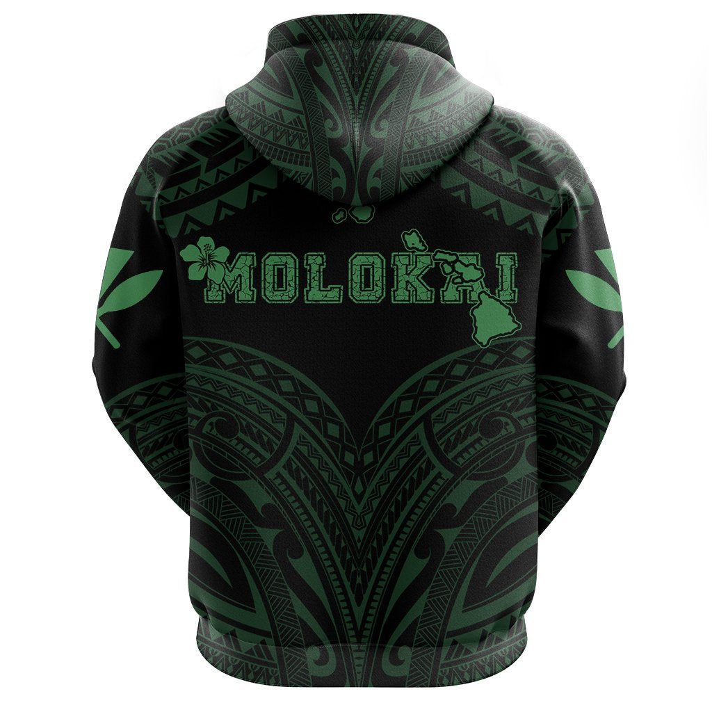Hawaiian Kanaka Map Polynesian Molokai Hoodie Zip Green Brad Style - Polynesian Pride