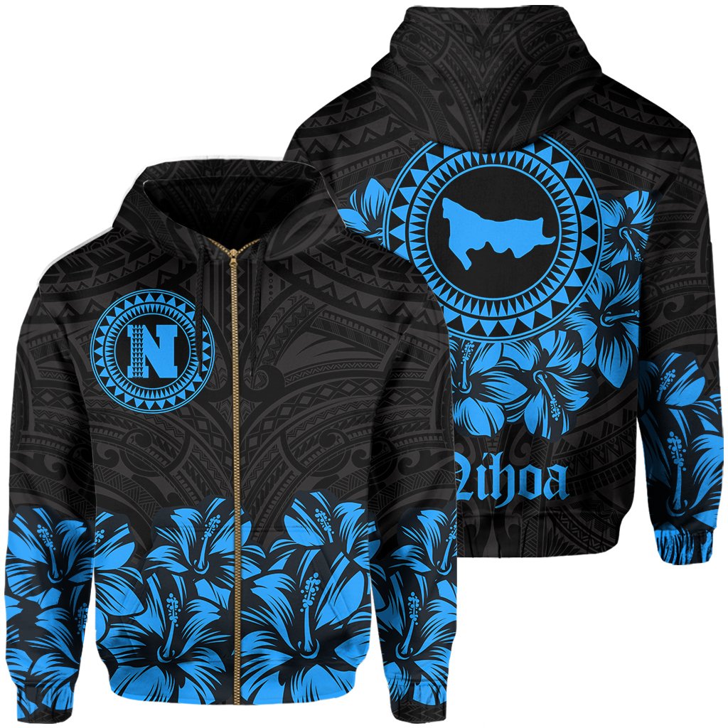 Nihoa Map Hibiscus Polynesian Hoodie Zip Lithe Style Unisex Blue - Polynesian Pride