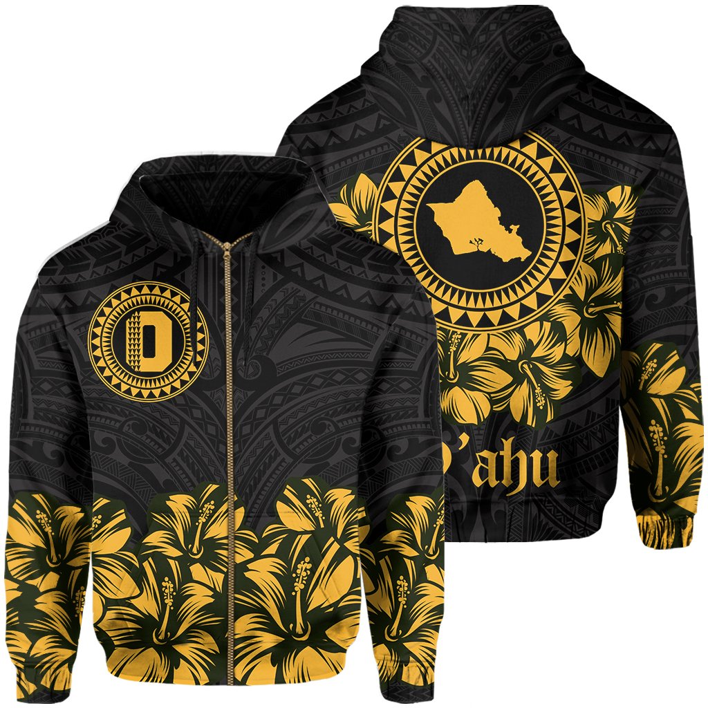 Oahu Map Hibiscus Polynesian Hoodie Zip Lithe Style Unisex Yellow - Polynesian Pride