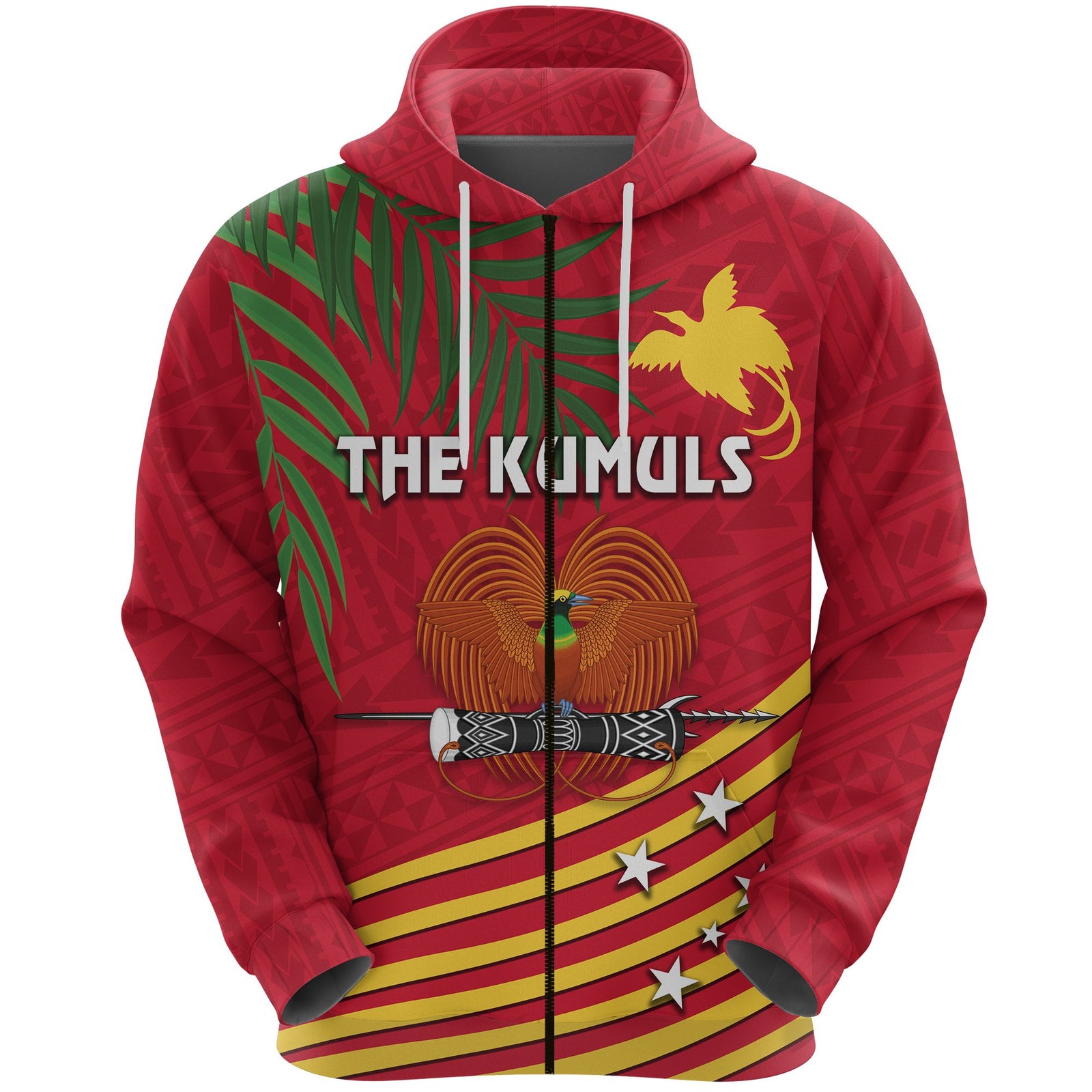 Papua New Guinea Rugby Zip Hoodie Coconut Leaves The Kumuls Unisex Red - Polynesian Pride