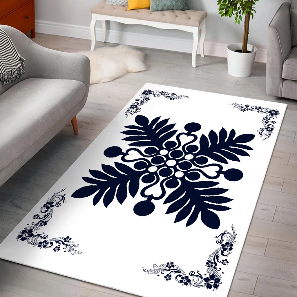 Hawaiian Quilt Maui Plant And Hibiscus Pattern Area Rug - Indigo White - AH - Polynesian Pride