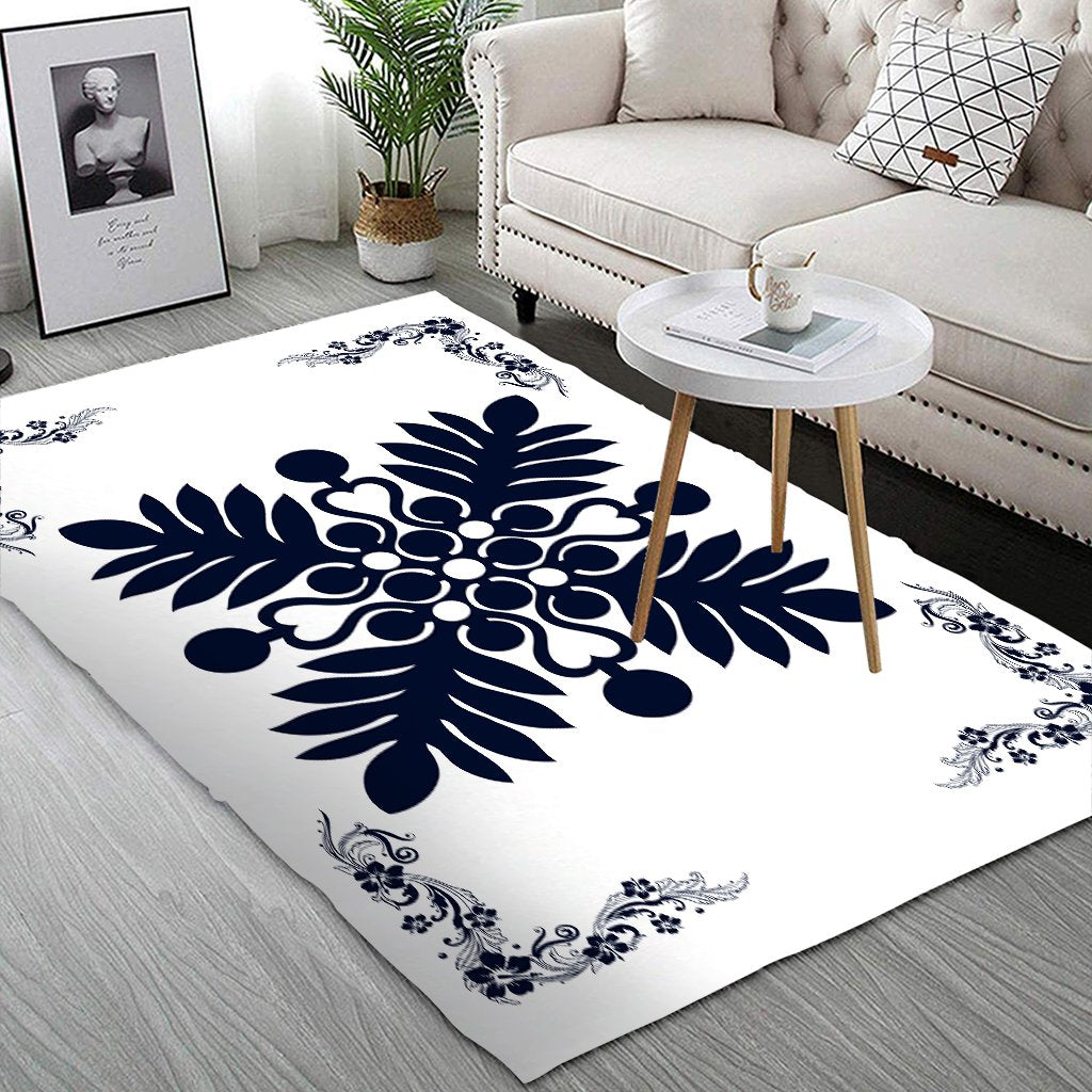Hawaiian Quilt Maui Plant And Hibiscus Pattern Area Rug - Indigo White - AH - Polynesian Pride