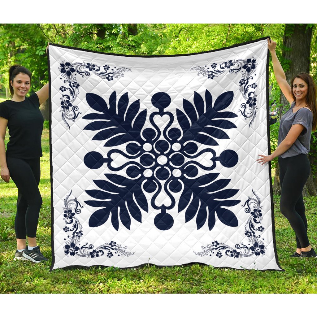 Hawaiian Quilt Maui Plant And Hibiscus Premium Quilt - Indigo White - AH Indigo - Polynesian Pride