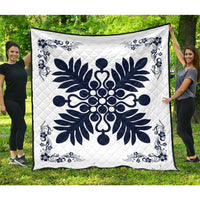 Hawaiian Quilt Maui Plant And Hibiscus Premium Quilt - Indigo White - AH Indigo - Polynesian Pride