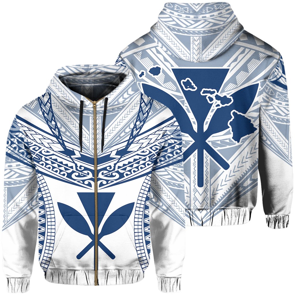 Hawaiian Kanaka Map Football Jersey Hoodie Zip White and Blue Roger Style Unisex White - Polynesian Pride
