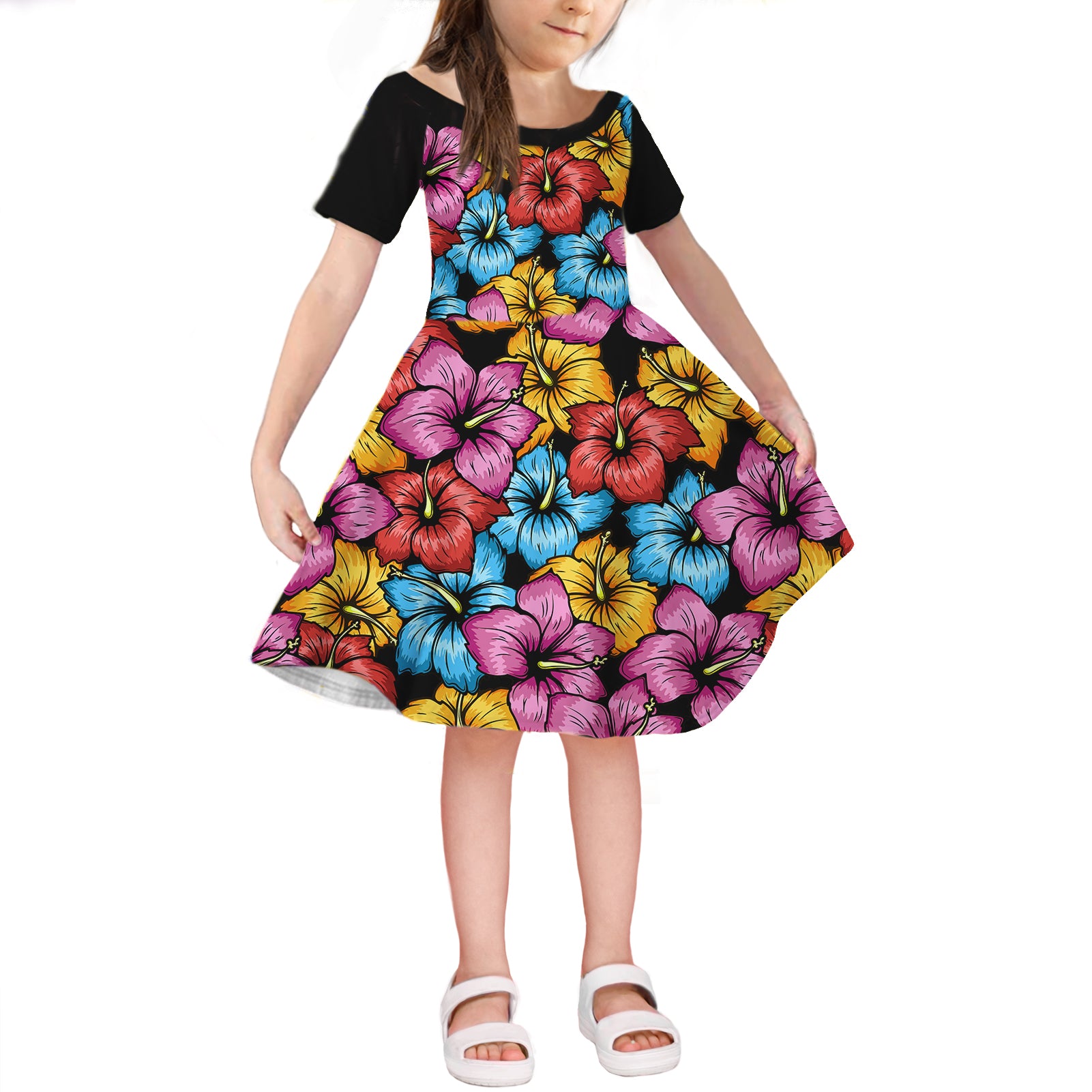 Hawaiian Short Sleeves Dress KID- Hibiscus Flowers Colorful LT6 KID Art - Polynesian Pride
