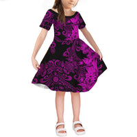 Hawaii Flowers Mix Tribal Pattern Short Sleeves Dress KID LT6 KID Purple - Polynesian Pride