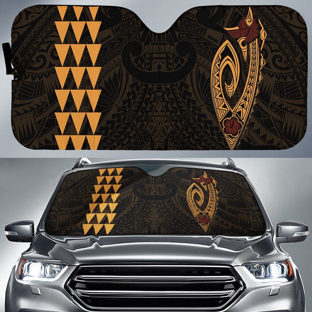 Kakau Polynesia Fish Hook Hawaii Car Sun Shade Auto Sun Shade Universal Fit Old Gold - Polynesian Pride