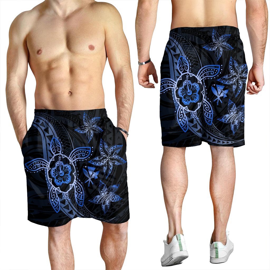 Kanaka Map Hibiscus Plumeria Turtle Art Blue Polynesian Men's Shorts - AH - Polynesian Pride