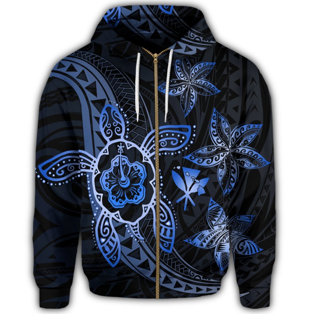 Kanaka Map Hibiscus Plumeria Turtle Art Blue Polynesian Zip Hoodie - Polynesian Pride