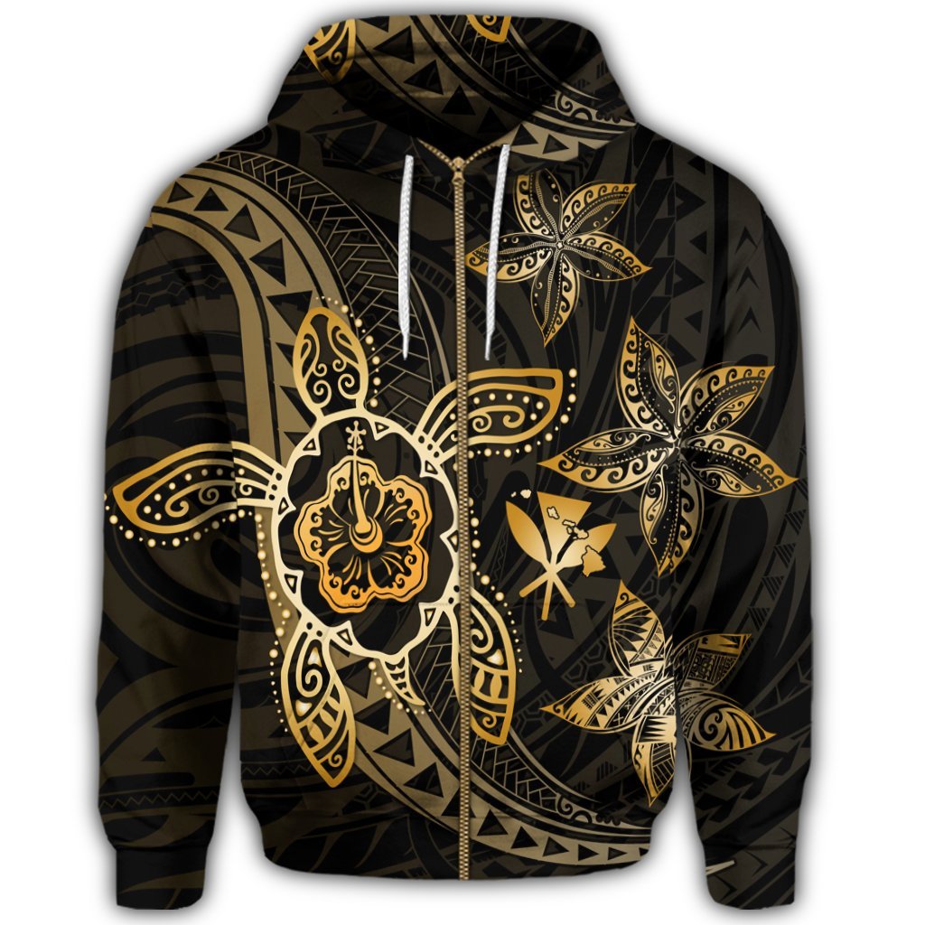 Kanaka Map Hibiscus Plumeria Turtle Art Gold Polynesian Zip Hoodie - Polynesian Pride
