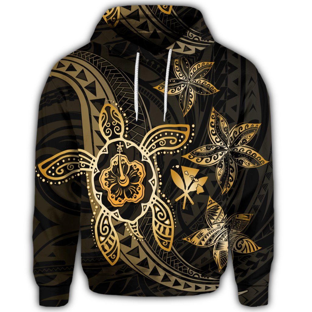 Kanaka Map Hibiscus Plumeria Turtle Art Gold Polynesian Hoodie - Polynesian Pride