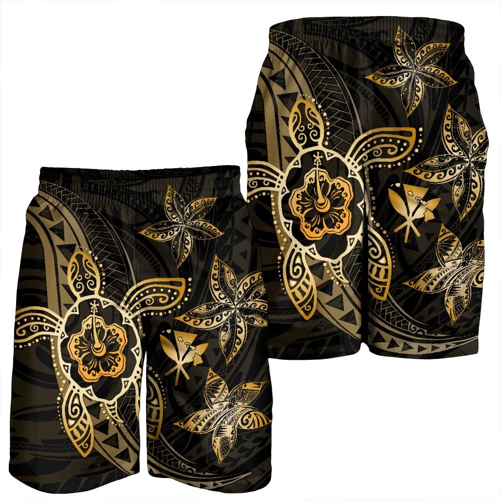 Kanaka Map Hibiscus Plumeria Turtle Art Gold Polynesian Men's Shorts - AH - Polynesian Pride