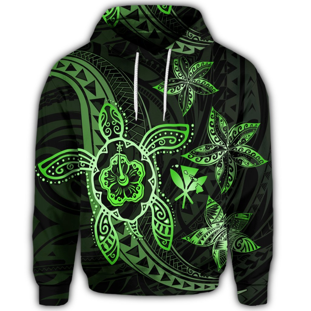 Kanaka Map Hibiscus Plumeria Turtle Art Green Polynesian Hoodie - Polynesian Pride